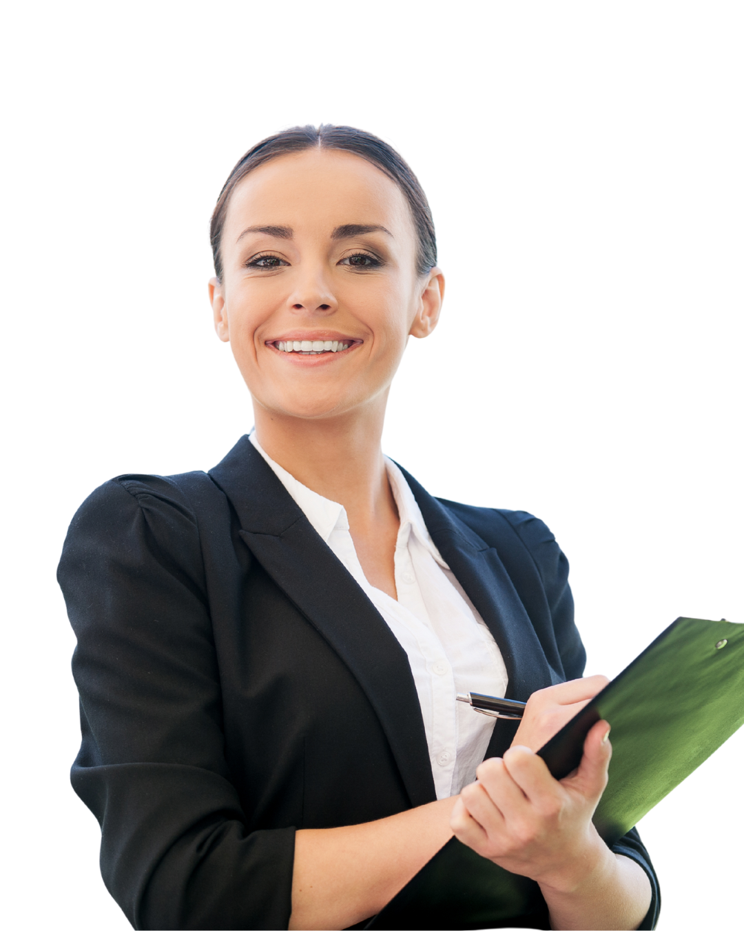 Zakenvrouw in zwart jasje, witte blouse, schrijvend op een groen clipboard, iets schuin naar de camera gericht.