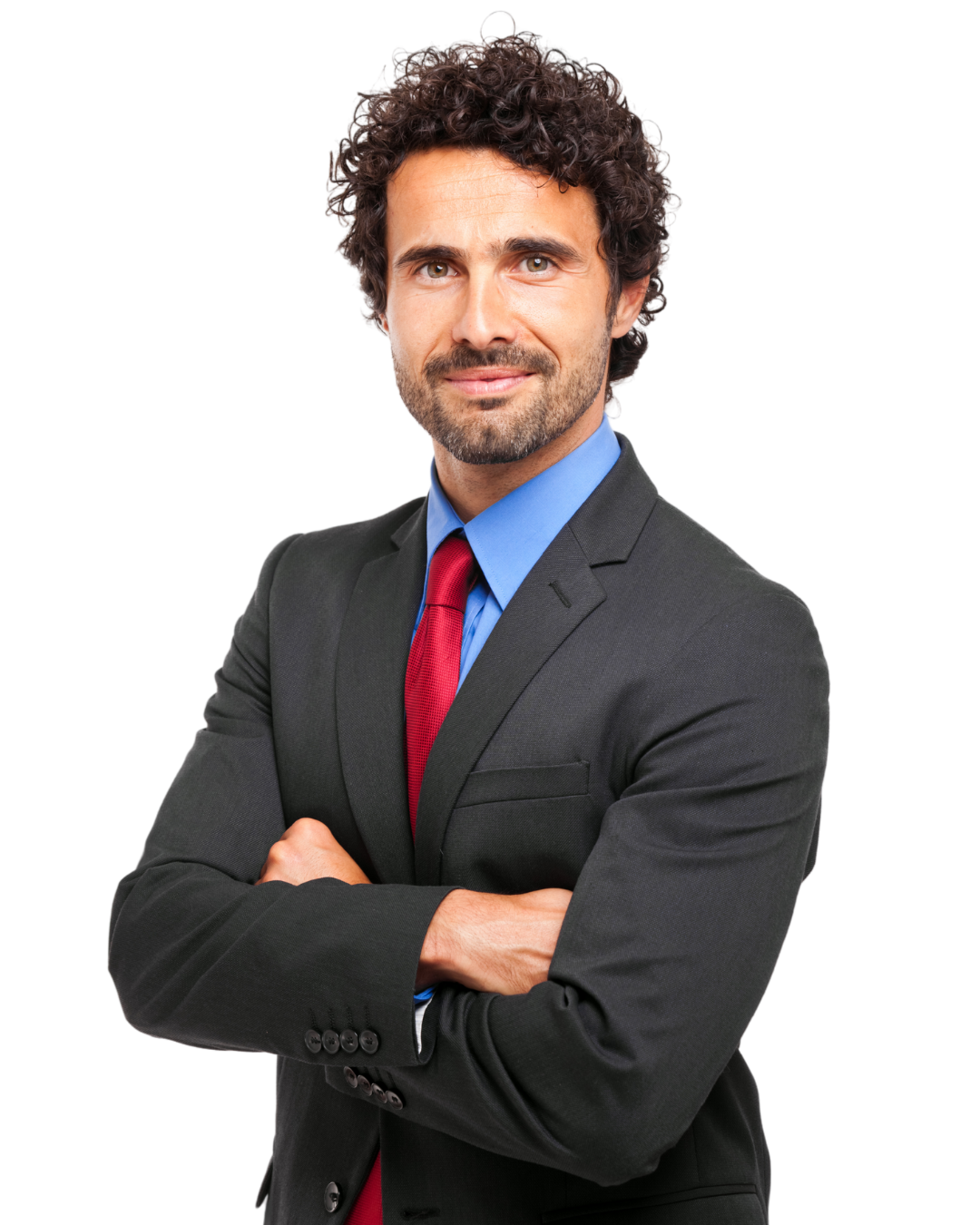 Man met krullend donker haar en baard, in donker colbert en blauwe overhemd met rode stropdas, met armen gekruist en licht glimlachend.
